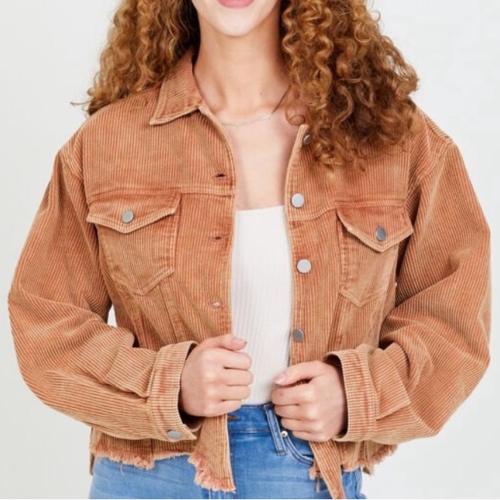 NWT Altar’d State Corduroy Ribbed Copper Rust Frayed Cropped Shacket Jacket Top